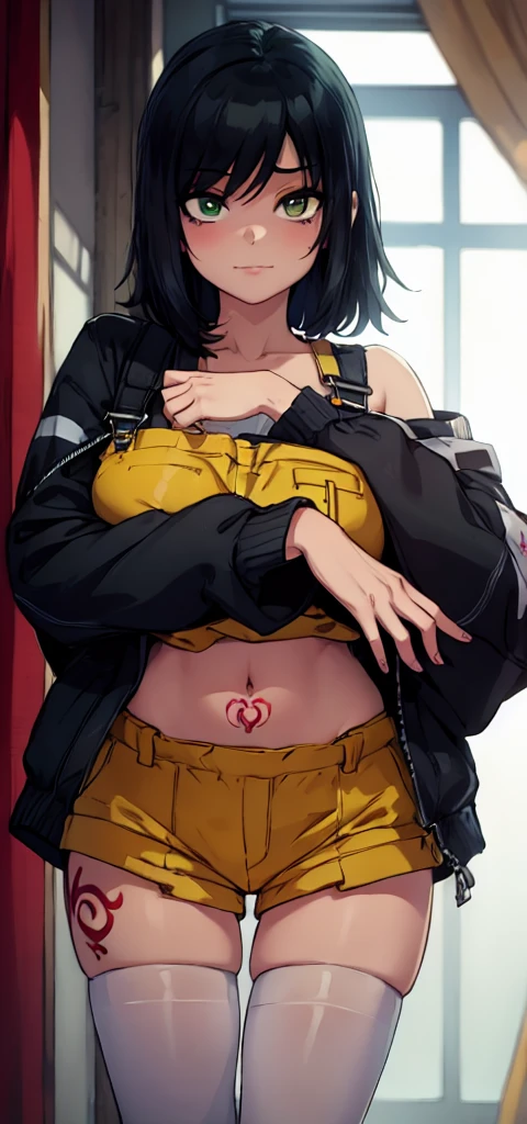 masterpiece, best quality, 1girl, ((young girl)), shiny skin, (thin waist), ((curvy)), ((wide hips)), ((small size)), hot, soft natural lighting, reflections, bright illuminations, full body, (((sexy yellow overalls))), (((tatoo on thigh))) navel, big long black hair, tomoko, sexy, slim figure, Detailed green eyes, Detailed face, Detailed eyes, tomoko kuroki, watamote, bare arms, huge 