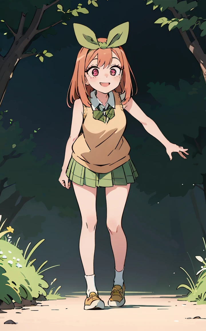 Girl standing in the forest,Short kimono dress,,Beautiful thighs,Embarrassed,To pee,Peeing,Overgrown with trees,barefoot　Hold the crotch,spill liquid from crotch,