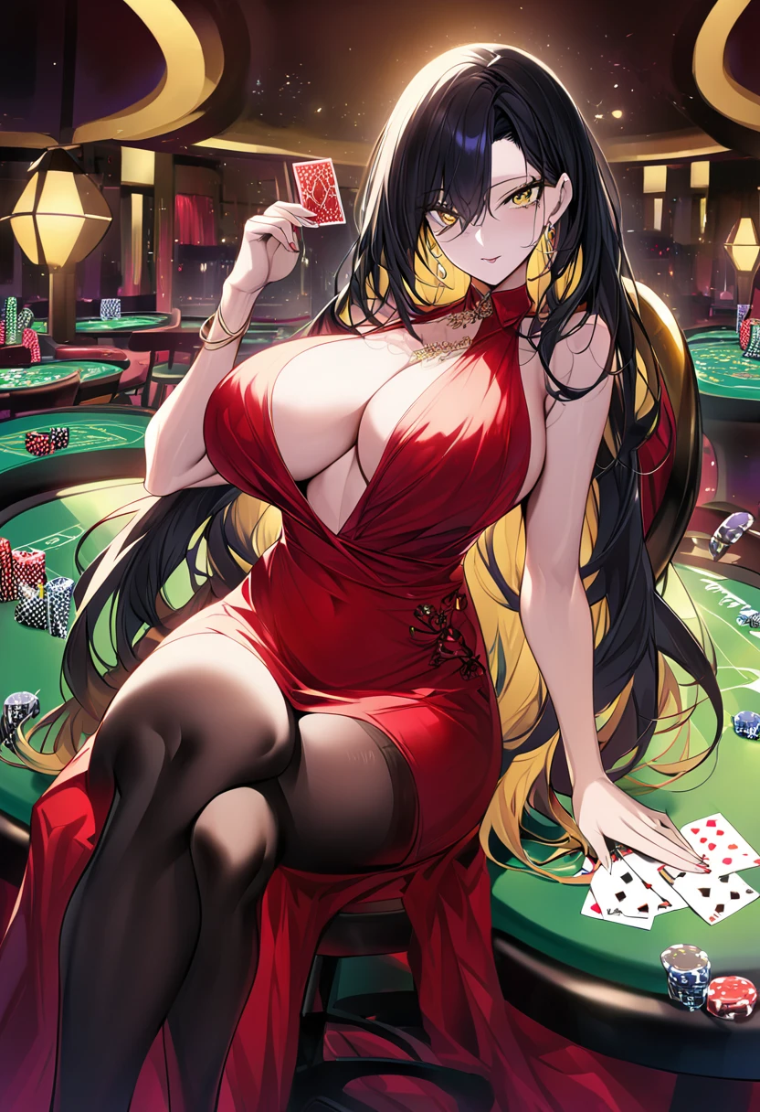 Adult female, busty, hourglass figure, sexy red dress, messy and long black hair, golden yellow irises, defined black pupils, passionate, seductive, casino, poker table, holding cards, sitting in a chair at a poker table, well defined, perfect definition, high quality, perfect eyes, perfect hands