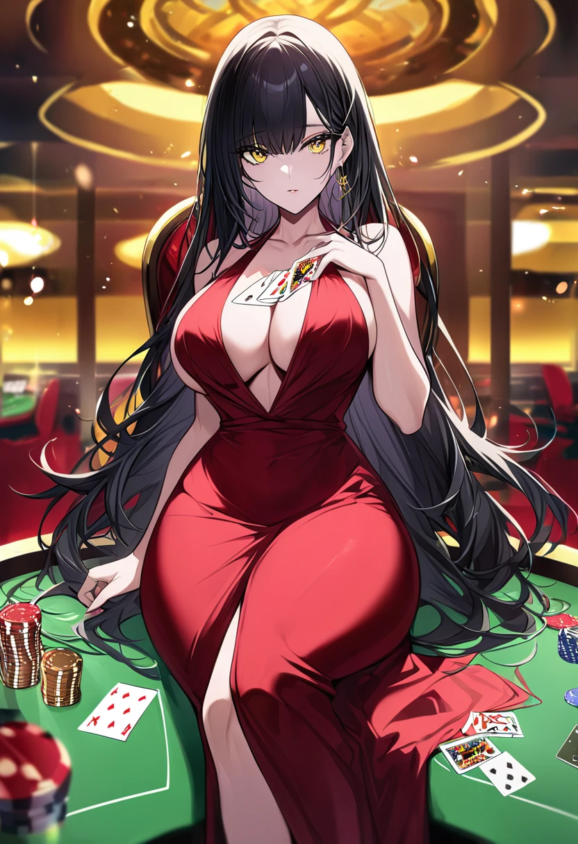 Adult female, busty, hourglass figure, sexy red dress, messy and long black hair, golden yellow irises, defined black pupils, passionate, seductive, casino, poker table, holding cards, sitting in a chair at a poker table, well defined, perfect definition, high quality, perfect eyes, perfect hands