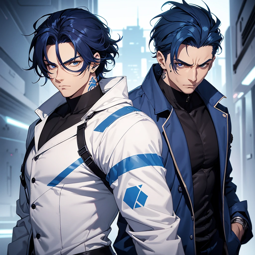 masterpiece, highest quality, confused, male,dark blue hair, low ponytail,Black and navy blue pilot suit,expensive,,Carrying Wolves,He has a dark blue coat draped over his shoulders.,There'there's no one behind me,dark blue eyes,Smile a little,Being with the wolves