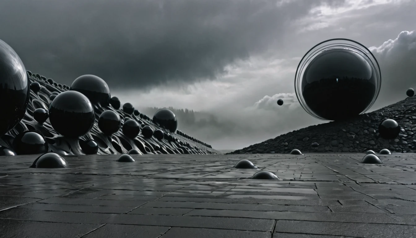 ON A STORMY GRAY DAY YOU SEE THE GIANT, INTRICATE BLACK PLANETS, R STYLE.h. GIGER VERY CLOSE, ALMOST TOUCHING. SHOWS GRAVITATIONAL FIELD ABSORBING AND RELEASING MATTER MUTUALLY, 4k image, ALTA RESOLUCIÓN E hÍPER REALISTA, FILM DAYLIGHTING, CLOUDY DAY WITH FOG