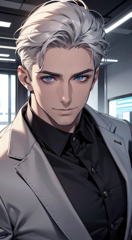 (best quality,4k,8k,highres,masterpiece:1.2),ultra-detailed,(realistic,photorealistic,photo-realistic:1.37),1 man,31 years old,mature man,very handsome,without expression,smile,short grey white hair,blue eyes,penetrating gaze,perfect face without errors,imposing posture,businessman,office background,cinematic lighting,hdr image