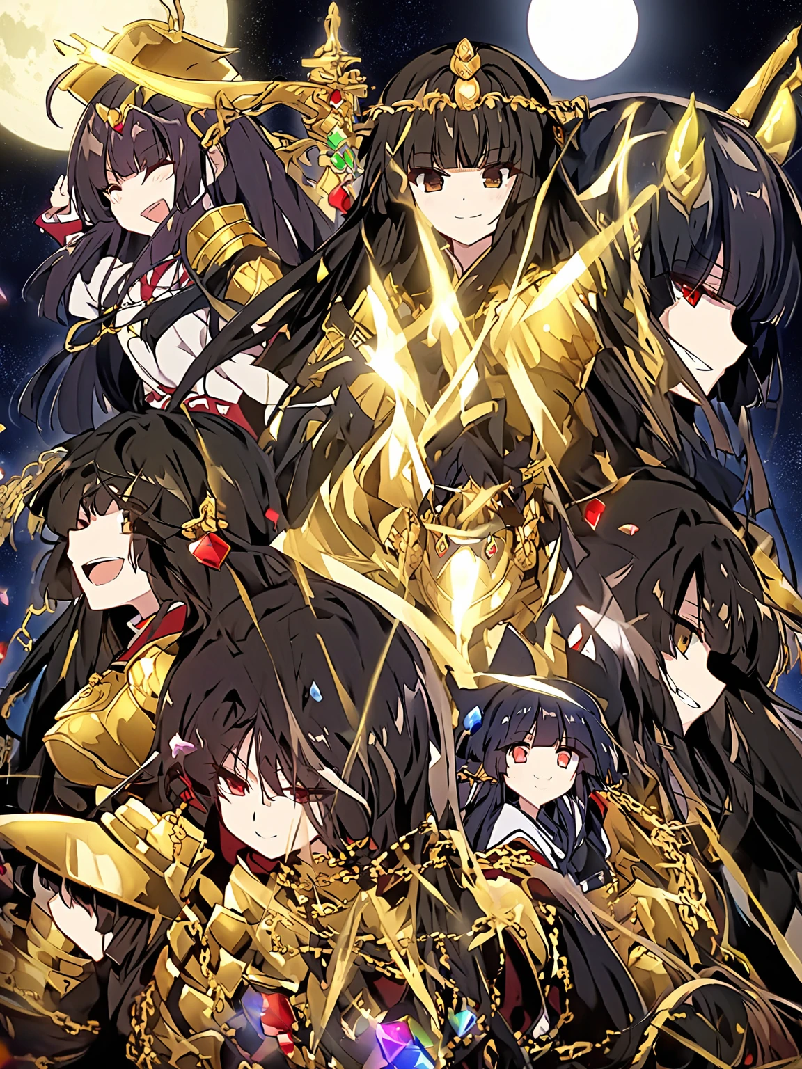 defined lines,houraisan kaguya(touhou),long_hair, black_hair, very_long_hair, smile,bangs, red_eyes, brown_eyes,(Ornate golden armor plates,golden horn ornaments,multicolored gemstones,yellow and black clothes,black glove,Black torso,Golden chains),night,moon in the upper left corner
