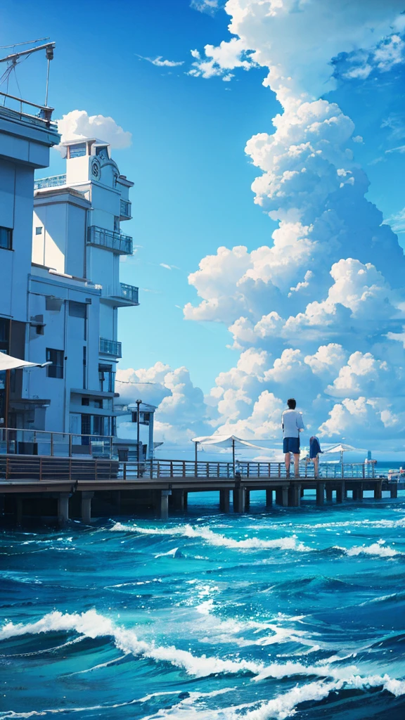 Blue sky with white clouds Seaside Pier Casual clothing Back view of a man and woman holding hands