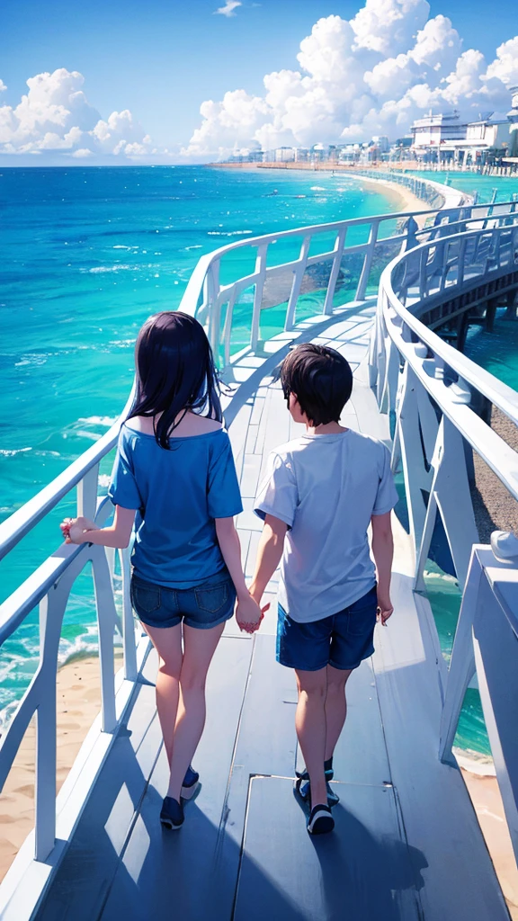 Blue sky with white clouds Seaside Pier Casual clothing Back view of a man and woman holding hands