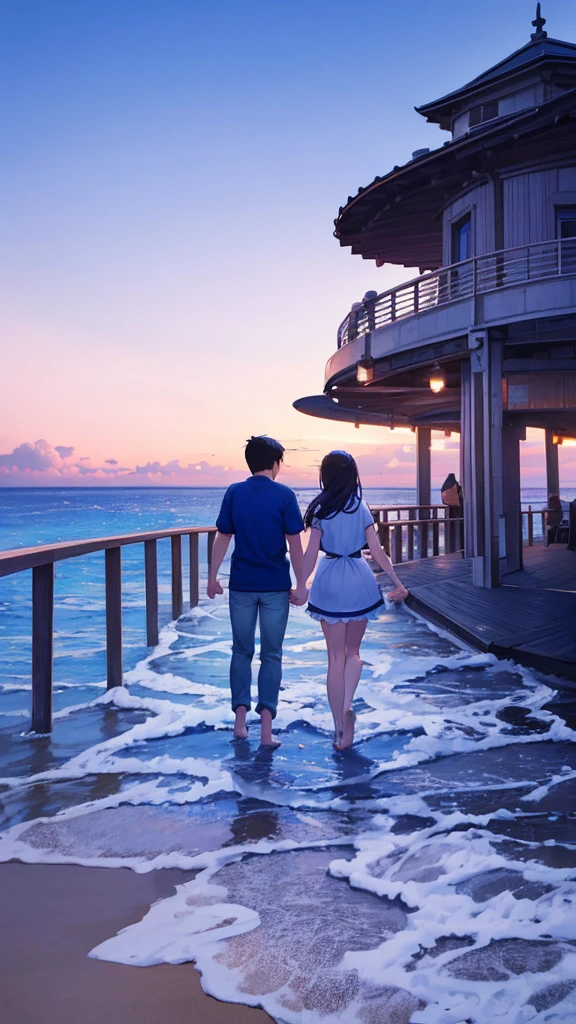 Blue sky with white clouds Seaside Pier Casual clothing Back view of a man and woman holding hands