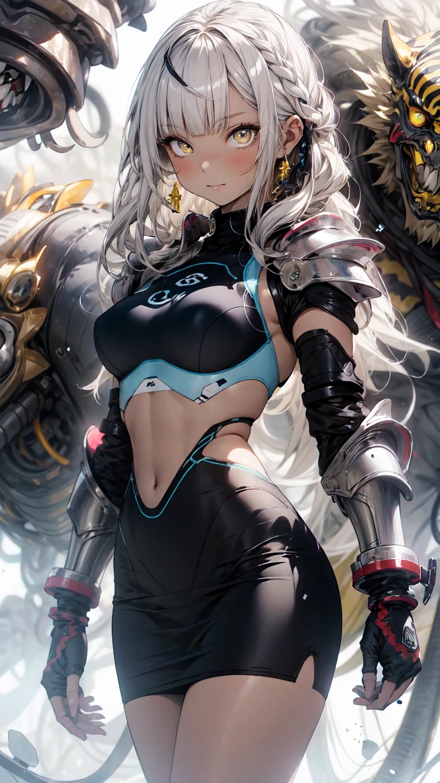 Be realistic,(masterpiece,Highest quality,Highest quality,Very detailed,Fractal Art,Most detailed,(Abstract background:1.5)(1 Girl),Kamimei,(Hair length),( puppet, Yellow Eyes, Pale skin, Yellow Hair, Long Hair, Blunt bangs, Braiding,Big Breasts、Toned Abs,Stunned)、crystallization,Swimsuit、High leg、Sexy、Machine Armor、Sunburned skin、(Black pencil skirt)