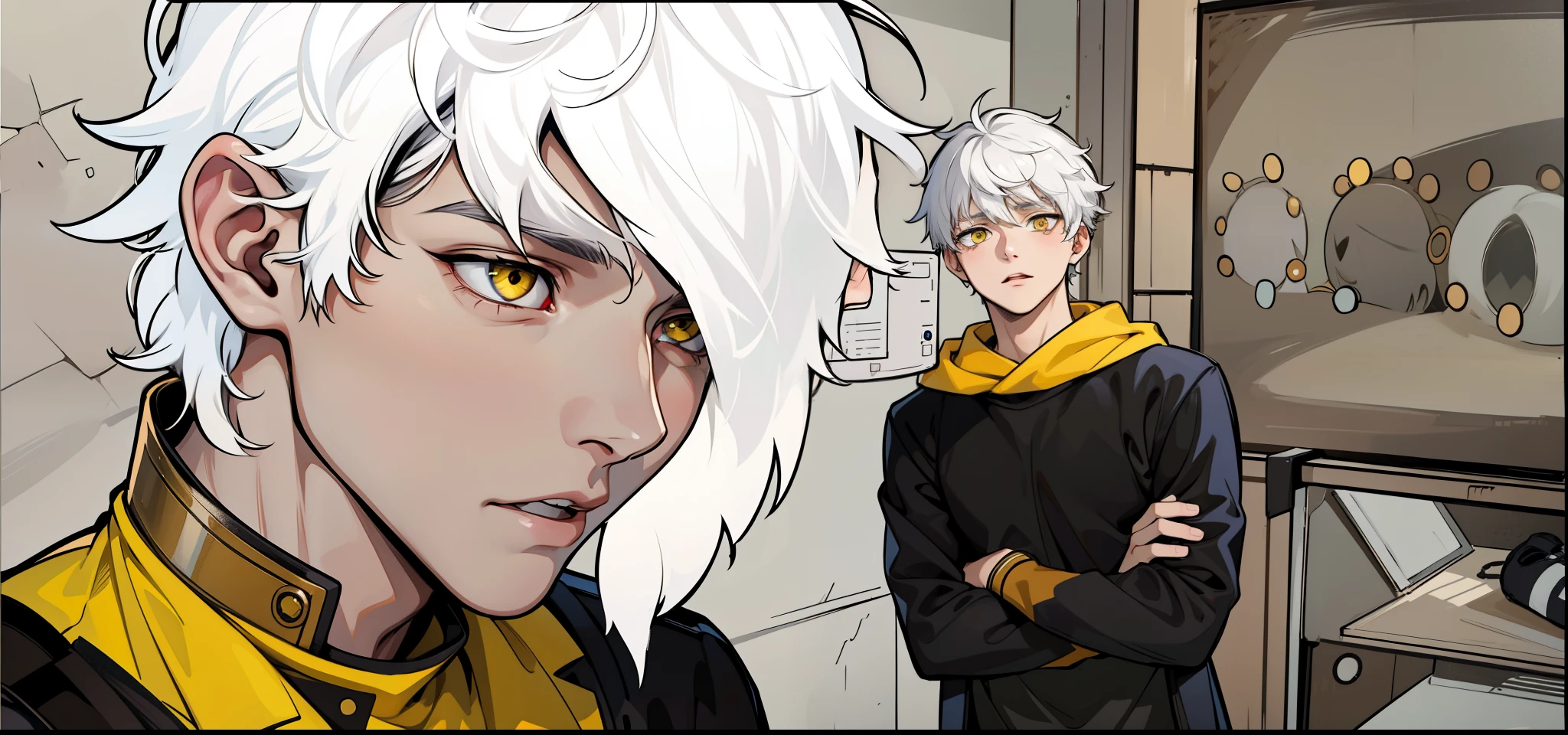There are two cute young men, 18 years old, white hair and yellow eyes, they are talking, worried, thoughtful.