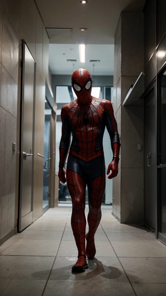 A 3 year old Spider Man boy without a head covering is walking through the buildings , background of buildings at night, real photo, professional photo, realistic photo, clear photo, full HD, 4k 