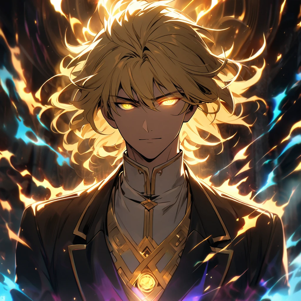 male, solo, handsome, blond hair, god, god eyes, glowing eyes, light, aura, holo, golden