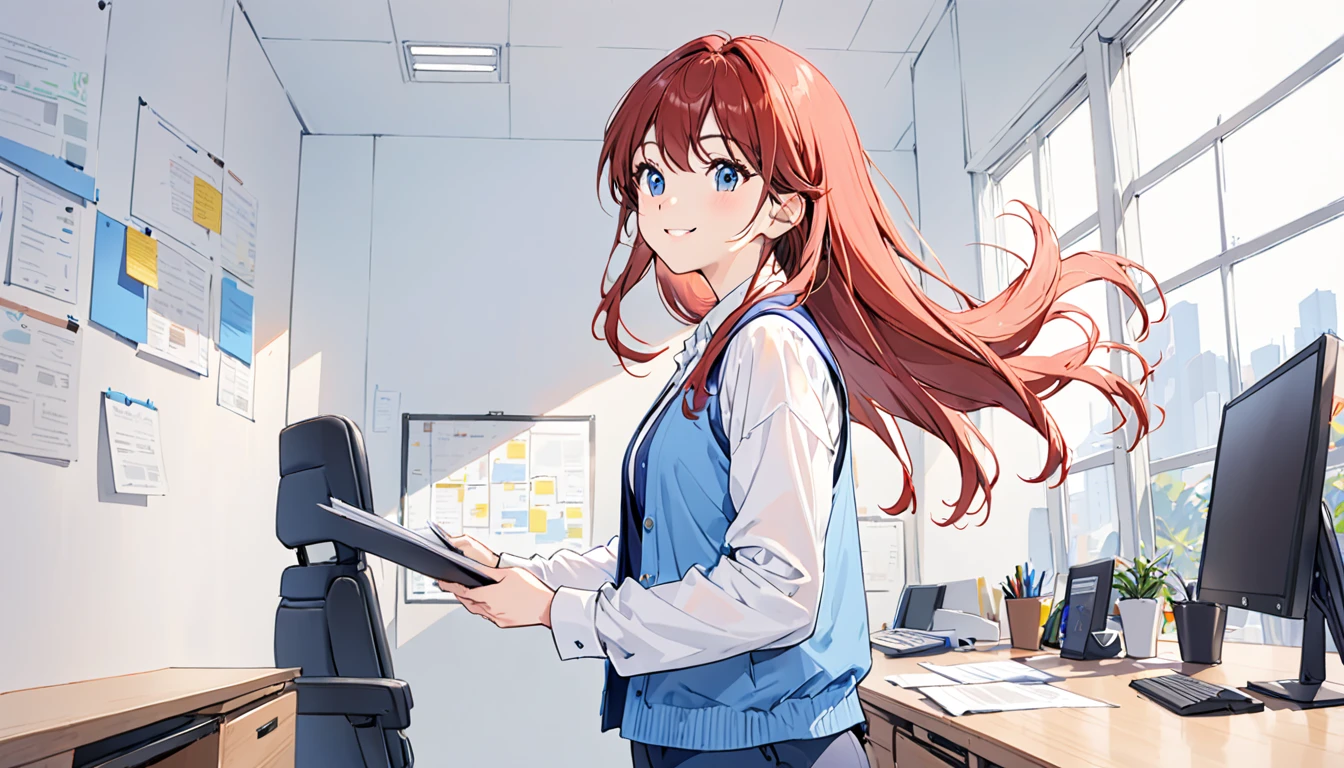 1 girl in white shirt and blue vest,pants,standing,working in office,longhair,smile,simple background