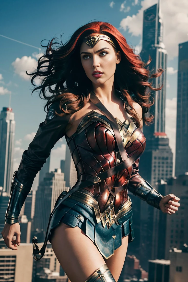 best quality,ultra-detailed,realistic) vibrant colors,comic book style,(studio lighting,sharp focus) female superhero in action,leaping into the air,powerful stance,with a golden lasso of truth,defending the innocent,brave and confident,(dazzling red lips,eyes full of determination),flying through a dynamic cityscape,with towering skyscrapers and bustling streets, futuristic technology,explosions and chaos,a symbol of strength and justice,inspiring hope and courage. ((A Red hair , green eyes classic 70 outfit (biker jacket) Wonder Woman) () (