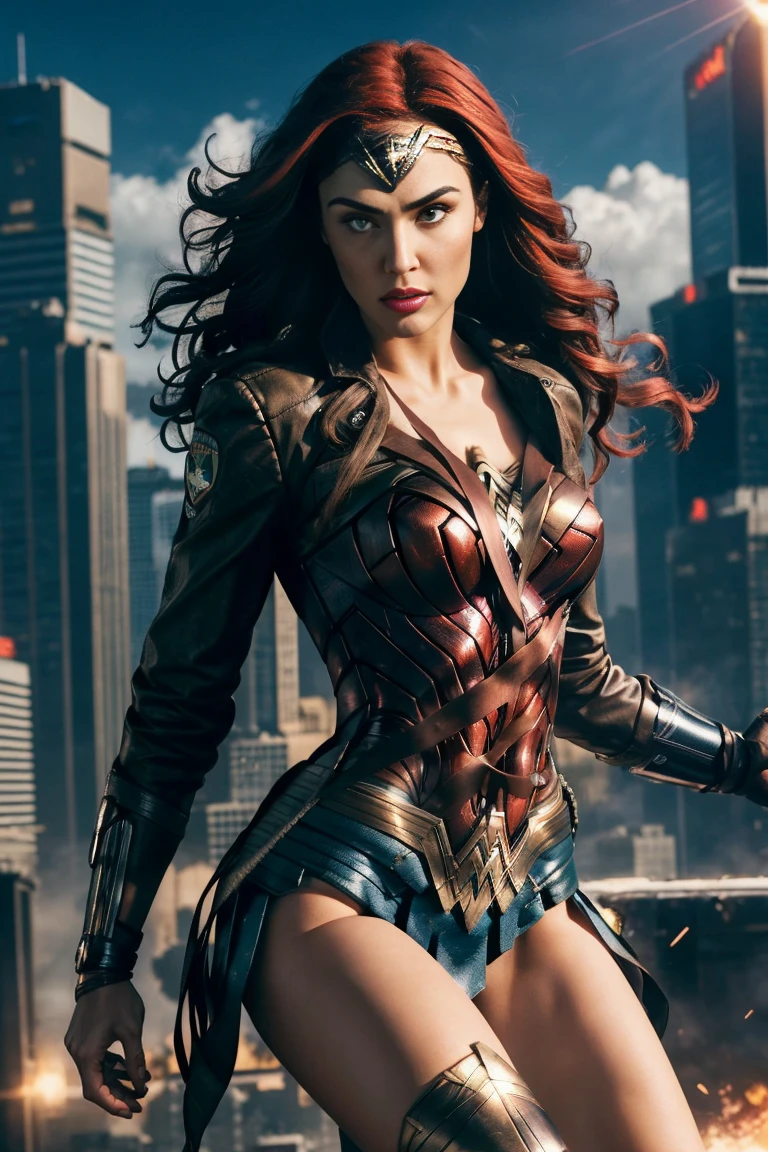 best quality,ultra-detailed,realistic) vibrant colors,comic book style,(studio lighting,sharp focus) female superhero in action,leaping into the air,powerful stance,with a golden lasso of truth,defending the innocent,brave and confident,(dazzling red lips,eyes full of determination),flying through a dynamic cityscape,with towering skyscrapers and bustling streets, futuristic technology,explosions and chaos,a symbol of strength and justice,inspiring hope and courage. ((A Red hair , green eyes classic 70 outfit (biker jacket) Wonder Woman) () (