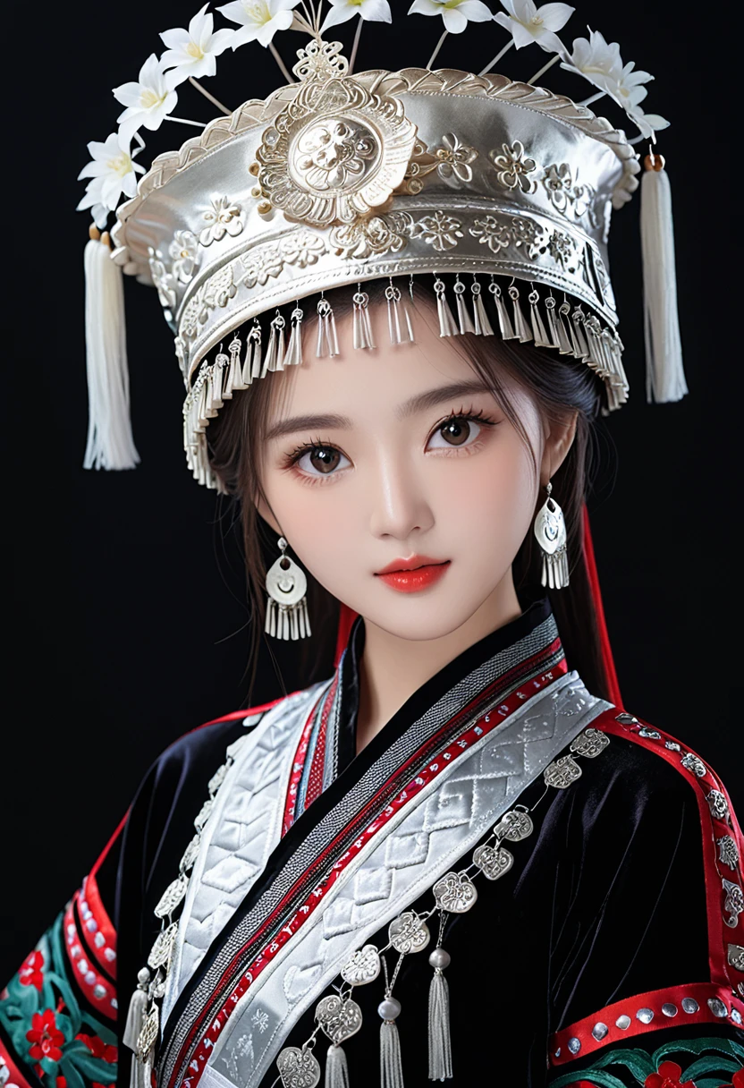 （8K，best quality，masterpiece：1.2），Ultra-high detail，Professional lighting，best quality，Ultra-high resolution，Visually stunning，（1 girl：1.1），（Miao clothing、hat），Real human skin，（Perfect body 1.3）Super delicate face。