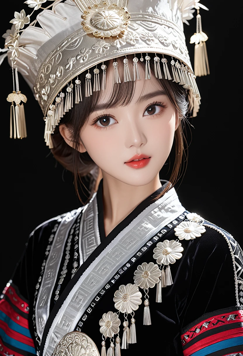 （8K，best quality，masterpiece：1.2），Ultra-high detail，Professional lighting，best quality，Ultra-high resolution，Visually stunning，（1 girl：1.1），（Miao clothing、hat），Real human skin，（Perfect body 1.3）Super delicate face。