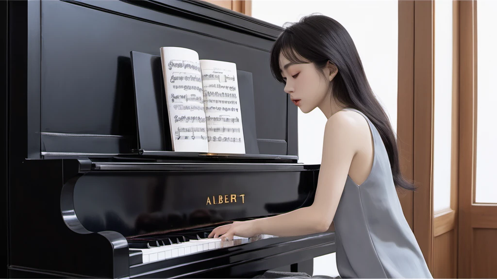 xxmixgirl,,Jing-Hao Zhang style, dark gray and light black, 8K resolution, Miho Hirano, character caricature, Albert Edelfeldt, playing the piano