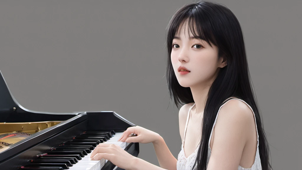 xxmixgirl,,Jing-Hao Zhang style, dark gray and light black, 8K resolution, Miho Hirano, character caricature, Albert Edelfeldt, playing the piano