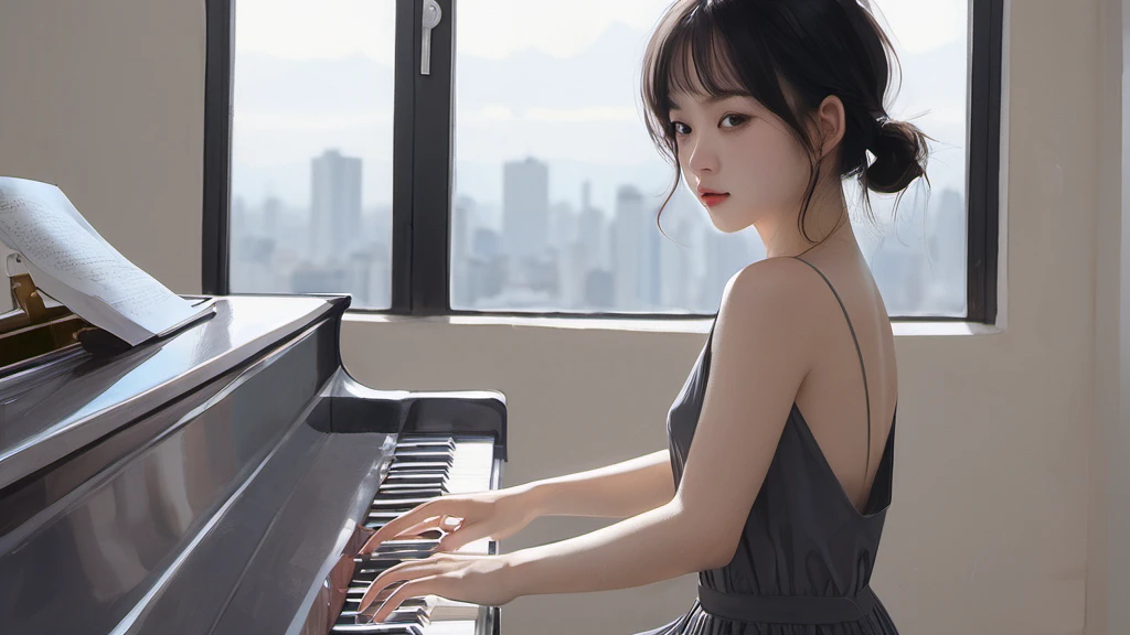 xxmixgirl,,Jing-Hao Zhang style, dark gray and light black, 8K resolution, Miho Hirano, character caricature, Albert Edelfeldt, playing the piano