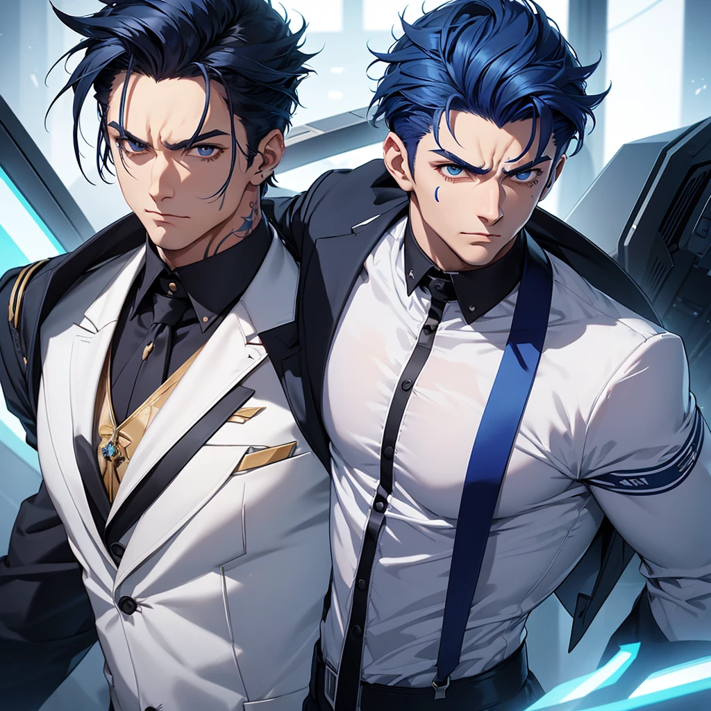 male character. strong. dark blue hair. he has lines on his body. Your face is serious. The scenario should be futuristic. he wears a white dress shirt with a jacket over it. he also has blue tattoos on his body