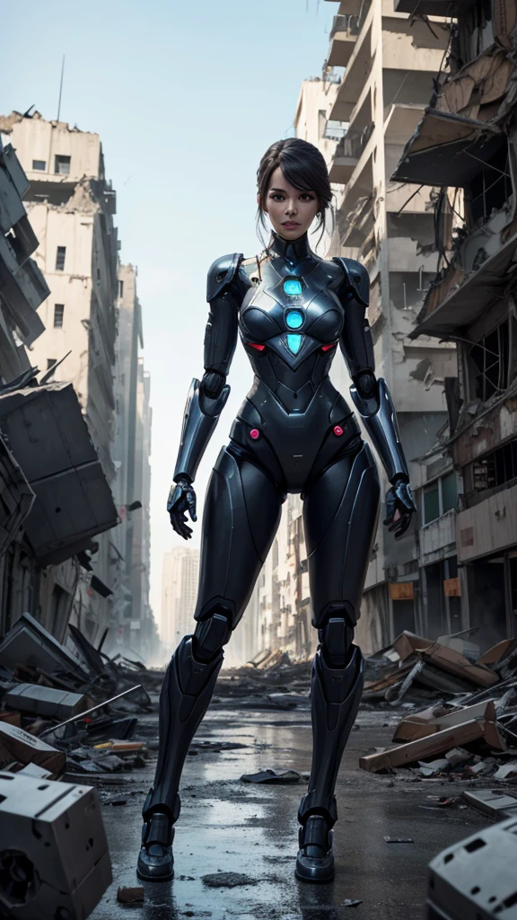Create from thts photo a nice android robot woman, full body, in a destroyed city, hyper realistic