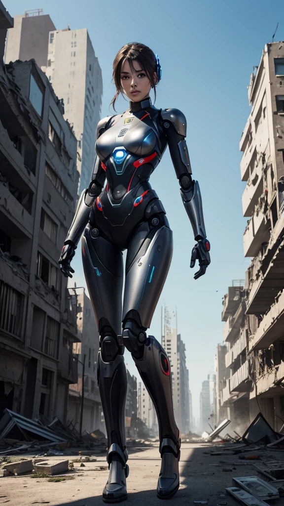 Create from thts photo a nice android robot woman, full body, in a destroyed city, hyper realistic