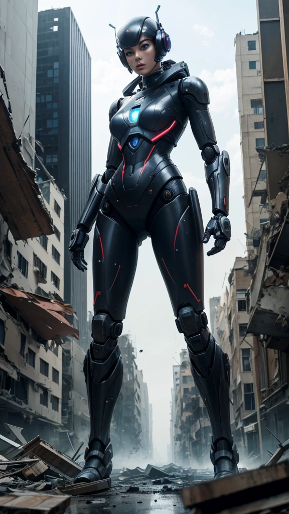 Create from thts photo a nice android robot woman, full body, in a destroyed city, hyper realistic