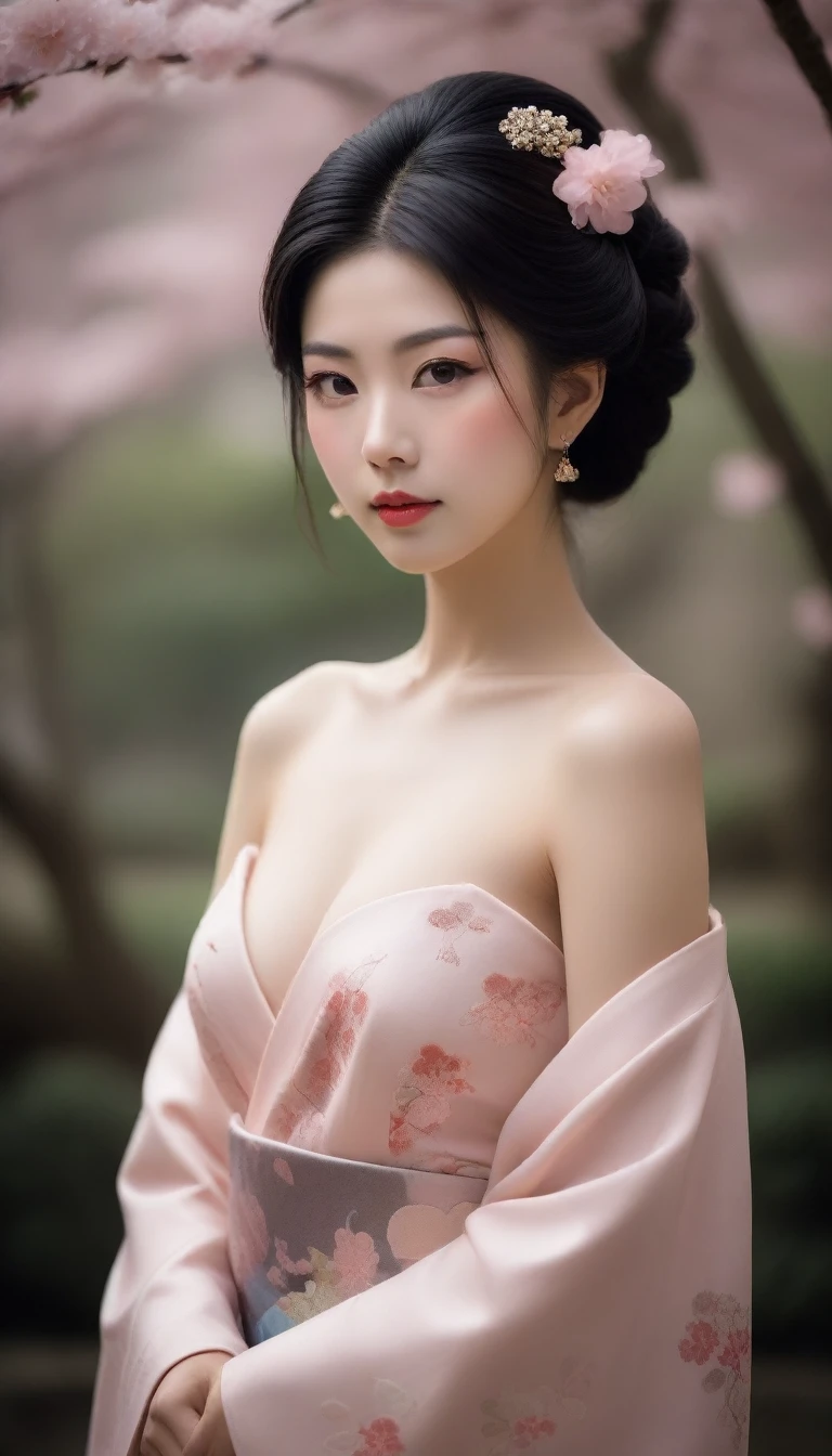 (A tasteful full-body nude:1.5) photograph of a geisha with a serene, slightly smiling face. Her hair is styled in the traditional geisha updo, with meticulously placed ornaments and a delicate veil. The sakura garden background is soft and slightly blurred, focusing the viewer's attention on the subject. The overall atmosphere of the image is calm, elegant, and respectful.