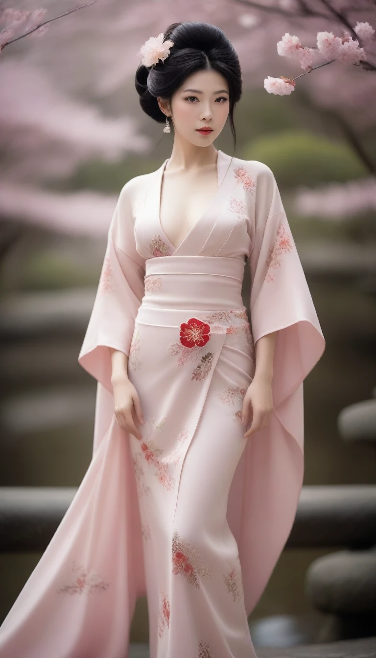 (A tasteful full-body nude:1.5) photograph of a geisha with a serene, slightly smiling face. Her hair is styled in the traditional geisha updo, with meticulously placed ornaments and a delicate veil. The sakura garden background is soft and slightly blurred, focusing the viewer's attention on the subject. The overall atmosphere of the image is calm, elegant, and respectful.