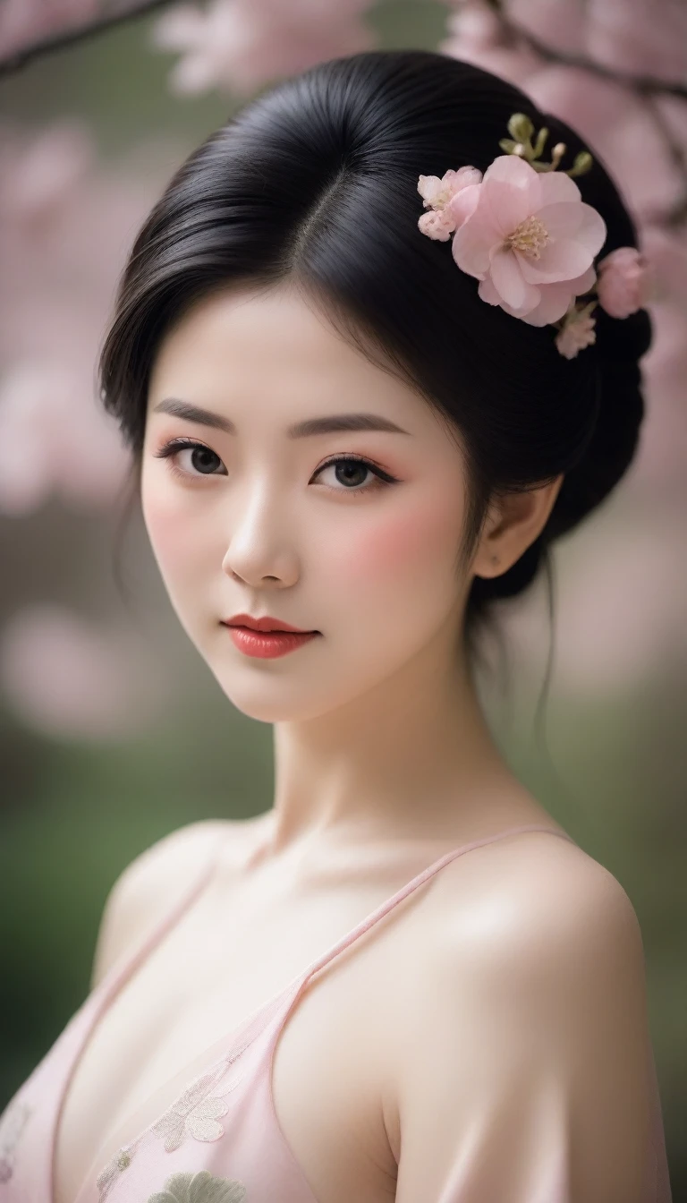 (A tasteful full-body nude:1.5) photograph of a geisha with a serene, slightly smiling face. Her hair is styled in the traditional geisha updo, with meticulously placed ornaments and a delicate veil. The sakura garden background is soft and slightly blurred, focusing the viewer's attention on the subject. The overall atmosphere of the image is calm, elegant, and respectful.