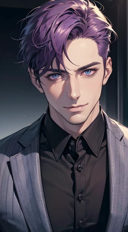 (best quality,4k,8k,highres,masterpiece:1.2),ultra-detailed,(realistic,photorealistic,photo-realistic:1.37),1 man,31 years old,mature man,very handsome,without expression,smile,short purple hair,blue eyes,penetrating gaze,perfect face without errors,imposing posture,businessman,office background,cinematic lighting,hdr image