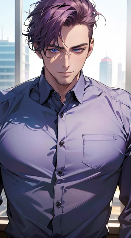 (best quality,4k,8k,highres,masterpiece:1.2),ultra-detailed,(realistic,photorealistic,photo-realistic:1.37),1 man,31 years old,mature man,very handsome,without expression,smile,short purple hair,blue eyes,penetrating gaze,perfect face without errors,imposing posture,businessman,office background,cinematic lighting,hdr image
