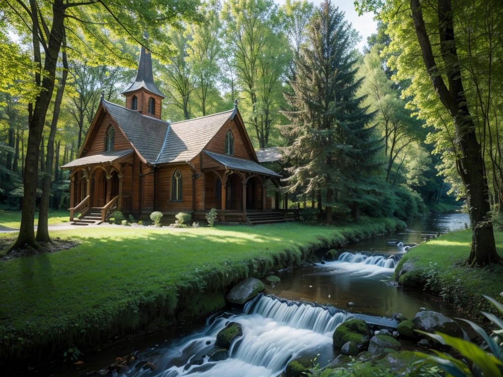 8K HD quality, River forest forest grows in the river,There is a church in the woods,Church scenery