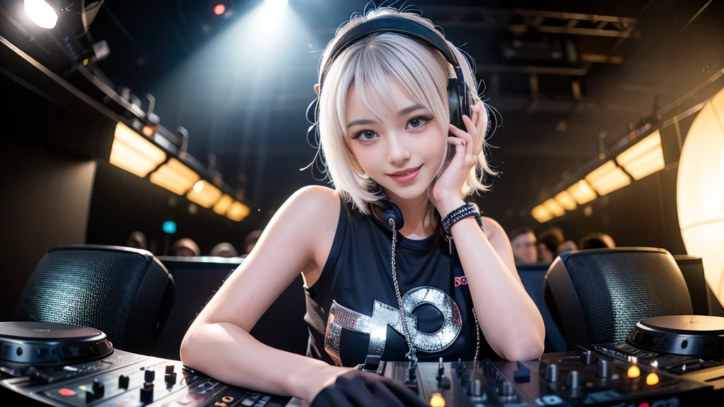 (ultra - detailed, 16K resolution, Cinema lenses, rendering by octane), (high resolution:1.18), intricate detail, (masterpiece:1.1), (highest quality:1.1), (1girl, portrait, white hair, blue eyes, short hair, detailed eyes),Wearing silver DJ headphones, Shiny silver sequined T-shirt, (Iconic hip-hop pop costumes:1.3), Smile while DJing on stage, full body shot of, The spotlight shines on the female DJ. Photorealistic photography by Disco Lighting, (cute round face:1.3), perfect fingers, five fingers, beautiful hands, perfect hands. master peace, cute smile.