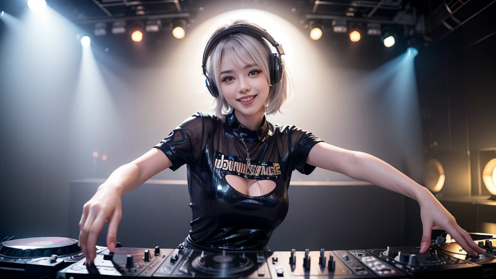 (ultra - detailed, 16K resolution, Cinema lenses, rendering by octane), (high resolution:1.18), intricate detail, (masterpiece:1.1), (highest quality:1.1), (1girl, portrait, white hair, blue eyes, short hair, detailed eyes),Wearing silver DJ headphones, Shiny silver sequined T-shirt, (Iconic hip-hop pop costumes:1.3), Smile while DJing on stage, full body shot of, The spotlight shines on the female DJ. Photorealistic photography by Disco Lighting, (cute round face:1.3), perfect fingers, five fingers, beautiful hands, perfect hands. master peace, cute smile.