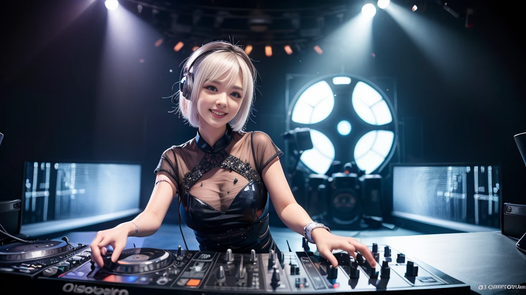 (ultra - detailed, 16K resolution, Cinema lenses, rendering by octane), (high resolution:1.18), intricate detail, (masterpiece:1.1), (highest quality:1.1), (1girl, portrait, white hair, blue eyes, short hair, detailed eyes),Wearing silver DJ headphones, Shiny silver sequined T-shirt, (Iconic hip-hop pop costumes:1.3), Smile while DJing on stage, full body shot of, The spotlight shines on the female DJ. Photorealistic photography by Disco Lighting, (cute round face:1.3), perfect fingers, five fingers, beautiful hands, perfect hands. master peace, cute smile.