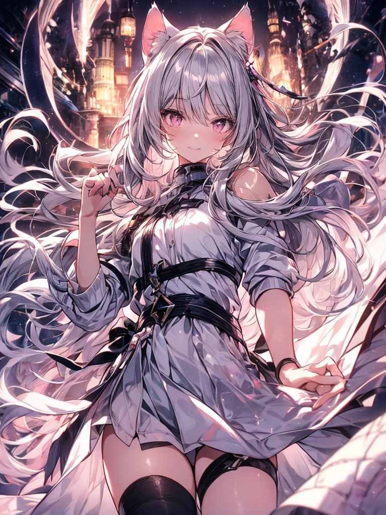 Highly detailed face,fine grain,Sparkling eyes,Highlighted eyes,Medium chest,pretty girl, bewitching smile,Longing eyes,Cat ear, Beautiful silver hair,Pink inside,Beautiful pink eyes,Oversized shirt,skirt
