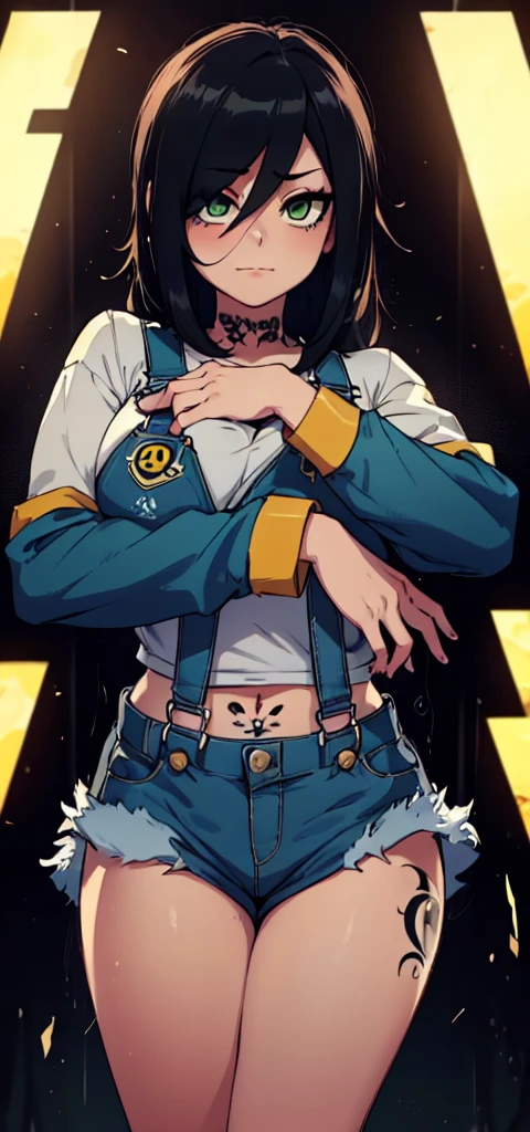 masterpiece, best quality, 1girl, ((young girl)), shiny skin, (thin waist), ((curvy)), ((wide hips)), ((small size)), hot, soft natural lighting, reflections, bright illuminations, full body, (((sexy yellow overalls))), (((tatoo on thigh))) navel, big long black hair, tomoko, sexy, slim figure, Detailed green eyes, Detailed face, Detailed eyes, tomoko kuroki, watamote, bare arms, huge , big breats