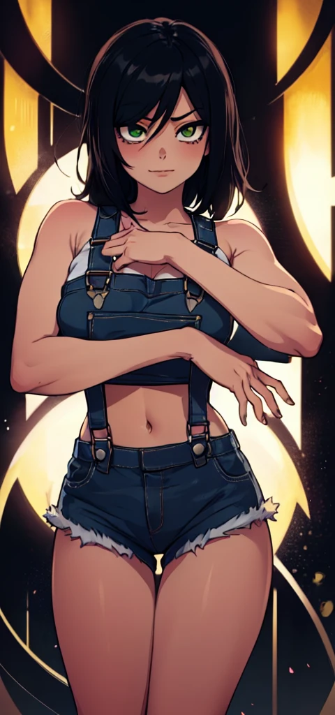 masterpiece, best quality, 1girl, ((young girl)), shiny skin, (thin waist), ((curvy)), ((wide hips)), ((small size)), hot, soft natural lighting, reflections, bright illuminations, full body, (((sexy yellow overalls))), (((tatoo on thigh))) navel, big long black hair, tomoko, sexy, slim figure, Detailed green eyes, Detailed face, Detailed eyes, tomoko kuroki, watamote, bare arms, huge , big breats