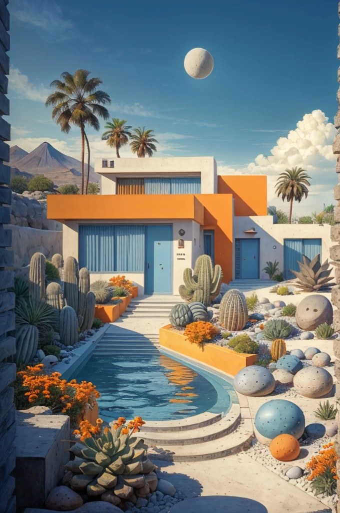 An illustration in collage style, with giant boulders, brutalist building sections, terraces, stairs, cacti, agave, concrete texture, multiple geometric shapes, hatch and cross hatching, planet saturn, volcano, moon, Luis Barragán's architectural style build, milky way galaxy, violet, one motorcycle, An illustration in collage style, with giant boulders, brutalist building sections, stairs, cacti, agave, concrete texture, multiple geometric shapes, hatch and cross hatching, planet saturn, volcano, moon, Luis Barragán's architectural style build, reflective pool, terraces. An elegant and modern build, in top of big boulders, with terraces, materials concrete, wood, steel and crystal, various gardens with tropical vegetation, cacti and rocks, stairs, a pool. In middle of sea, a big wave near, sunset, mountains and a volcano in the horizont, cute islands around, illustration format, cute color palette, detailed, masterpiece, award-winning work, clouds, Illustration, a garden with abundant cacti, ((various organic sculptures)), ((big rocks)), (((multiple sections))), collage style, detailed, (((color palette (olive green), (Mustard orange), cool grey, ((blue)), black and white))), (((a lot Luis barragán's architecture style builds))) big clouds, volcano in horizon, stairs, in the desert. ((masterpiece, best quality)),illustration,ultra detailed 8k, ((Ori Toor visual style)),soviet, megabuildings, megastructures, buildings, organic steel sculpture