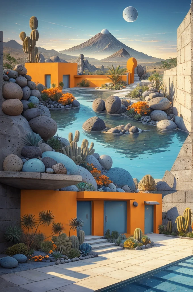An illustration in collage style, with giant boulders, brutalist building sections, terraces, stairs, cacti, agave, concrete texture, multiple geometric shapes, hatch and cross hatching, planet saturn, volcano, moon, Luis Barragán's architectural style build, milky way galaxy, violet, one motorcycle, An illustration in collage style, with giant boulders, brutalist building sections, stairs, cacti, agave, concrete texture, multiple geometric shapes, hatch and cross hatching, planet saturn, volcano, moon, Luis Barragán's architectural style build, reflective pool, terraces. An elegant and modern build, in top of big boulders, with terraces, materials concrete, wood, steel and crystal, various gardens with tropical vegetation, cacti and rocks, stairs, a pool. In middle of sea, a big wave near, sunset, mountains and a volcano in the horizont, cute islands around, illustration format, cute color palette, detailed, masterpiece, award-winning work, clouds, Illustration, a garden with abundant cacti, ((various organic sculptures)), ((big rocks)), (((multiple sections))), collage style, detailed, (((color palette (olive green), (Mustard orange), cool grey, ((blue)), black and white))), (((a lot Luis barragán's architecture style builds))) big clouds, volcano in horizon, stairs, in the desert. ((masterpiece, best quality)),illustration,ultra detailed 8k, ((Ori Toor visual style)),soviet, megabuildings, megastructures, buildings, organic steel sculpture