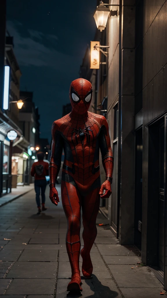 A 3 year old Spider Man boy without a mask is walking around the buildings , background of buildings at night, real photo, professional photo, realistic photo, clear photo, full HD, 4k