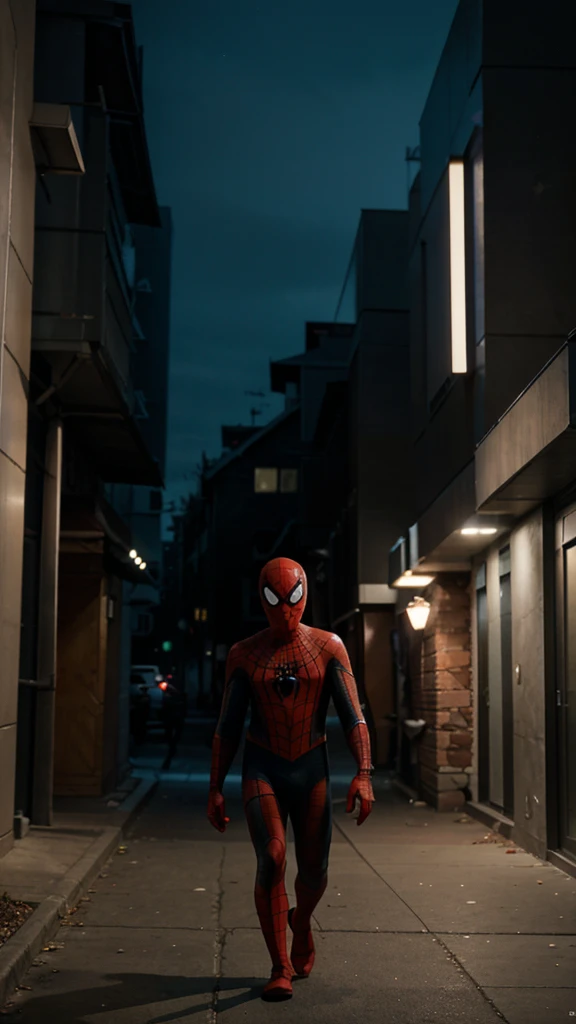 A 3  Spider Man boy without a mask is walking around the buildings , background of buildings at night, real photo, professional photo, realistic photo, clear photo, full HD, 4k 