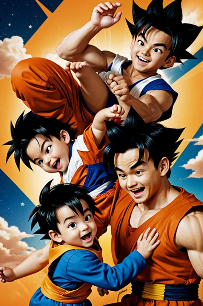 Teen Gohan and baby Goten playing with Goku