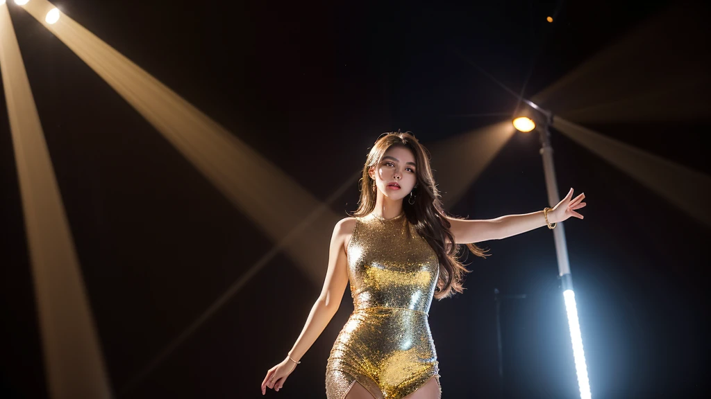 A girl with brown hair is standing alone in a single spotlight in a dark room. She is posed confidently, with the light highlighting her strength and presence.
Colors: Predominantly dark, with bright white spotlights and slight metallic sheen on her outfit.