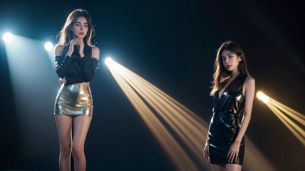 A girl with brown hair is standing alone in a single spotlight in a dark room. She is posed confidently, with the light highlighting her strength and presence.
Colors: Predominantly dark, with bright white spotlights and slight metallic sheen on her outfit.