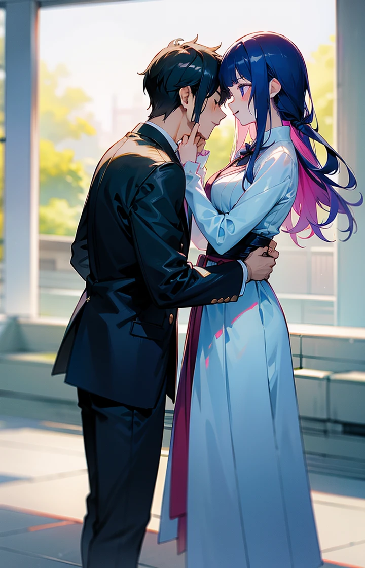 Makiden The couple in the photo are deeply in love and lost in the moment. #Denji, The man is tall and handsome, wistoh chiselled features ,dull blonde hair and eye color is orange. His love for the woman is evident in the way he looks at her with adoration. He wears slim-fitting black pants, a black tie, and a simple white shirt (with the sleeves rolled up). #Makima, The woman has similarly wonderful, soft features, and although she smiles a calm, soft, gentle smile, there is a hidden agenda behind it. She has a long, red braided ponytail and her ring-shaped eyes put a lot of pressure on her opponents just by staring into them. Her figure is slim and stylish, with good proportions. She is wearing slim-fitting black pants, a black tie, and a simple white shirt, which enhances her dignified presence and mysterious aura. She has a good figure, so her waist is clearly defined and she exudes a sexy aura. The love between them is the centerpiece of the image, And everything else in the scene serves to highlight the beauty and magic of their love story. They are alone. (Duas pessoas).