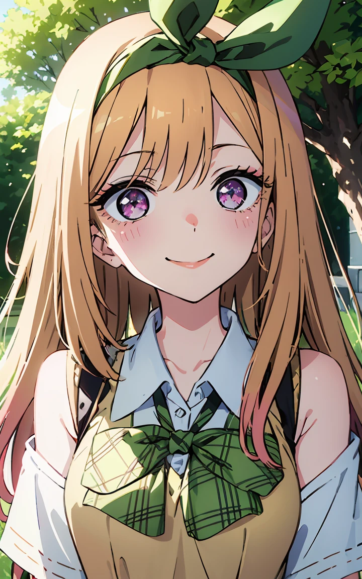 Marin kitagawa, long hair, marin ressed up as Yotsuba Nakano, long blonde hair with pink ends, sparkling pink eyes, sweet face, cheery, playful happy face, lovely, 4k, perfect quality, excellent fusion, excellent character design, green ribbon, sleeveless yellow sweater, collared white short sleeved shirt, green bow tie, green pleated skirt, bright colors, pastel coloured image, vivid colours, light colours, simple background, magic hill background, splendid nature, natural light, daylight, full body, full shot, dinamic pose, extremely detailed, clean lineart, neat, smile