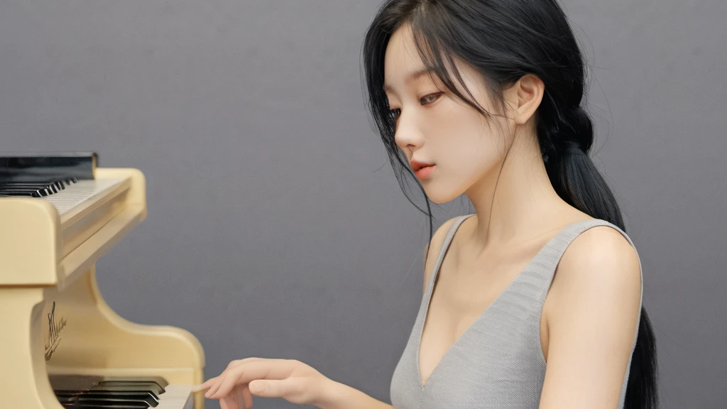 xxmixgirl,,Jing-Hao Zhang style, dark gray and light black, 8K resolution, Miho Hirano, character caricature, Albert Edelfeldt, playing the piano
