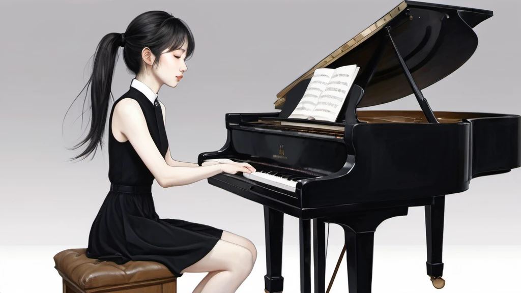 xxmixgirl,,Jing-Hao Zhang style, dark gray and light black, 8K resolution, Miho Hirano, character caricature, Albert Edelfeldt, playing the piano